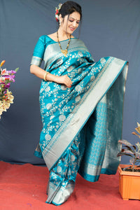 Thumbnail for Aastha Fashion Women's Teal Banarasi Silk Zari Woven Saree with Blouse - Distacart