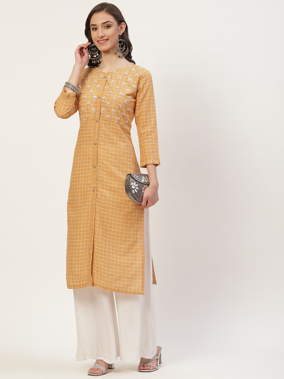 Buy Vaaba Women's Orange Pure Cotton Embroidered Straight Checked Kurta  Online at Best Price