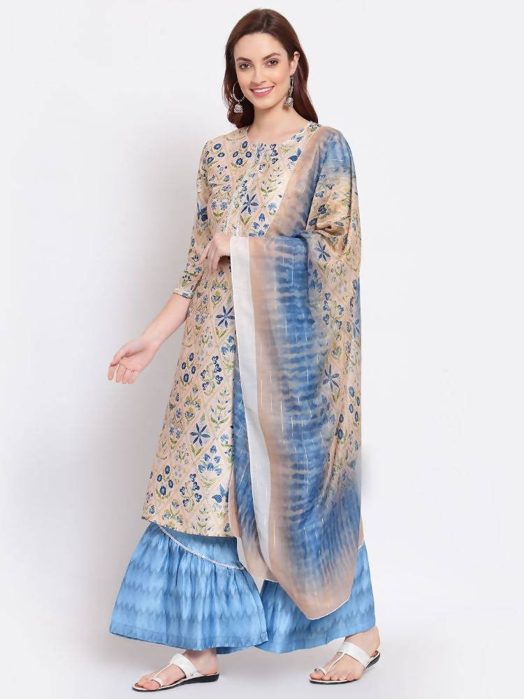 Myshka Women's Multi Color Printed Cotton Blend 3/4 Sleeve Round Neck Casual Kurta Palazzo Dupatta Set