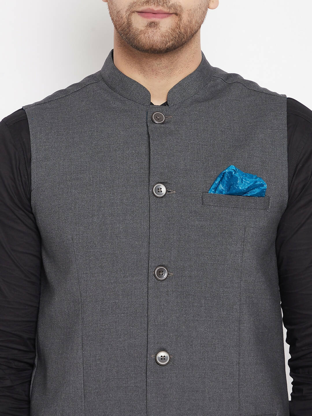 Even Apparels Grey Merino Men's Nehru Jacket-Contrast Lining-Free Pocket Square PW691 - Distacart