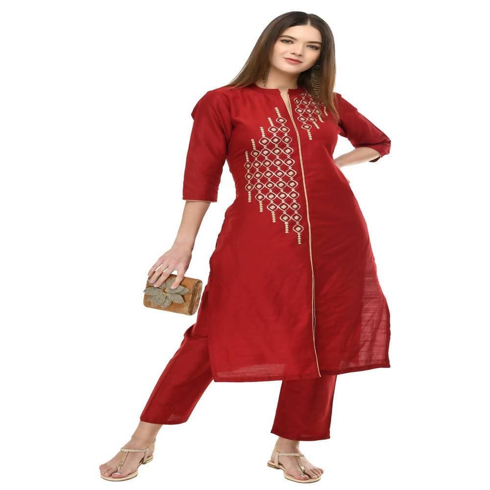 Lagi Women's Maroon Poly silk Straight Embroidred Kurta Pant (RO115A)