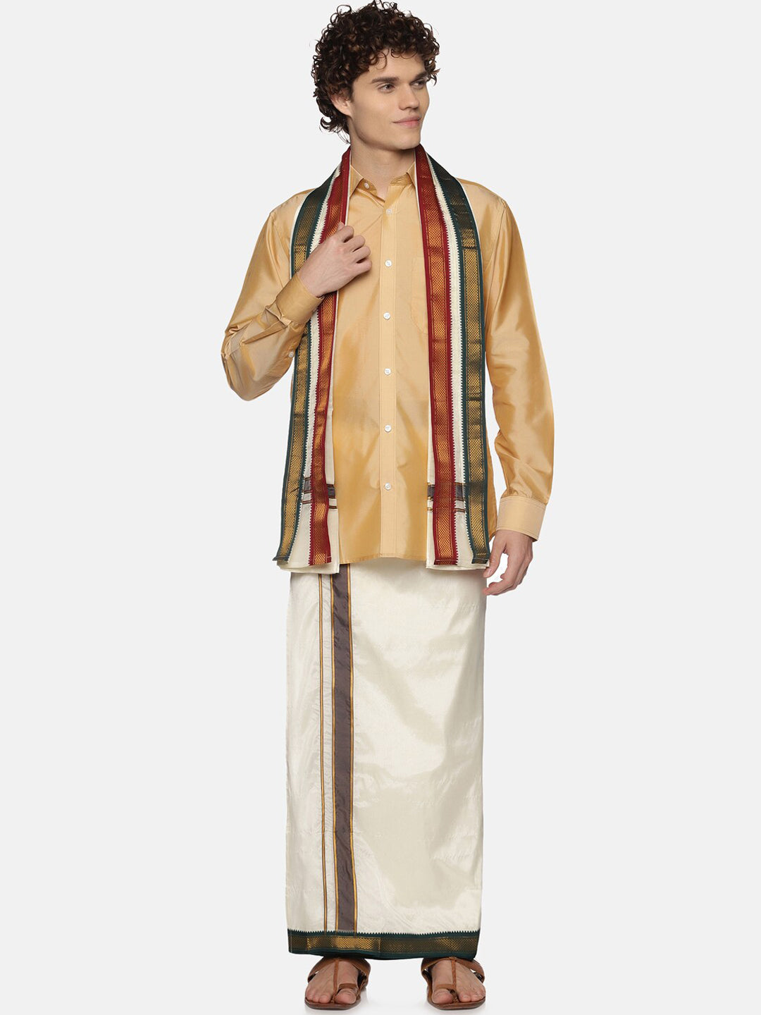 Sethukrishna Men Cream-Colored Solid Dhotis With Angavastram - Distacart