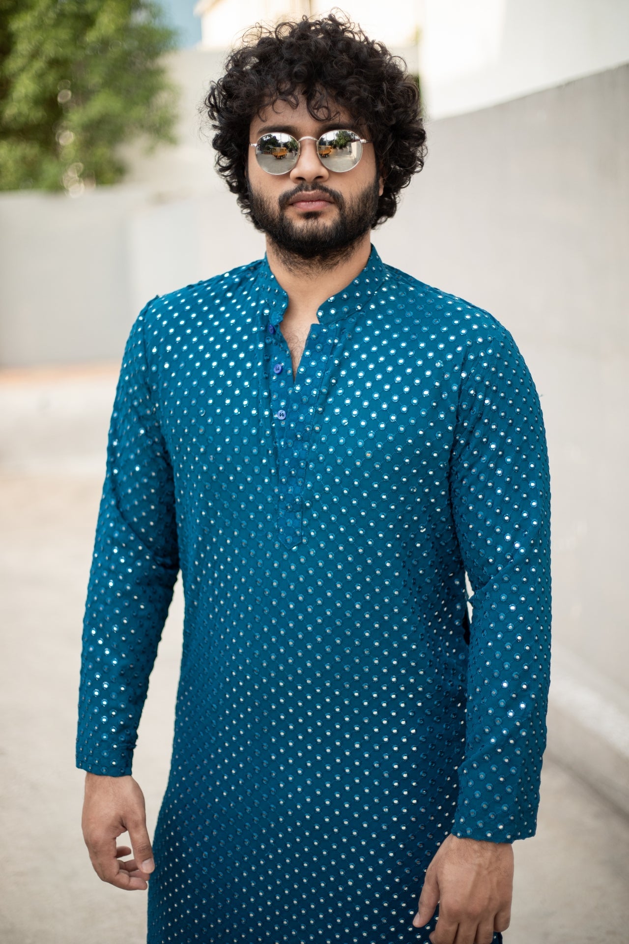 Teal Blue Mirror Designer Men's Kurta by Hilo Designs - Distacart