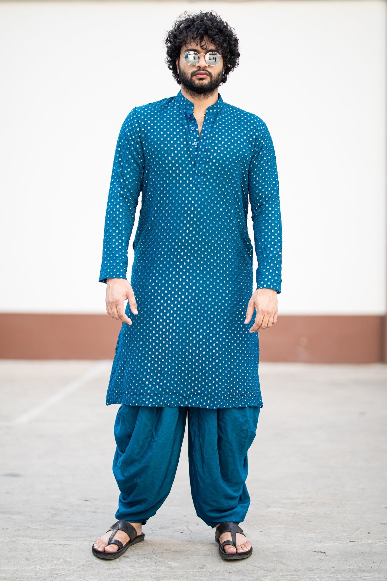 Teal Blue Mirror Designer Men's Kurta by Hilo Designs - Distacart