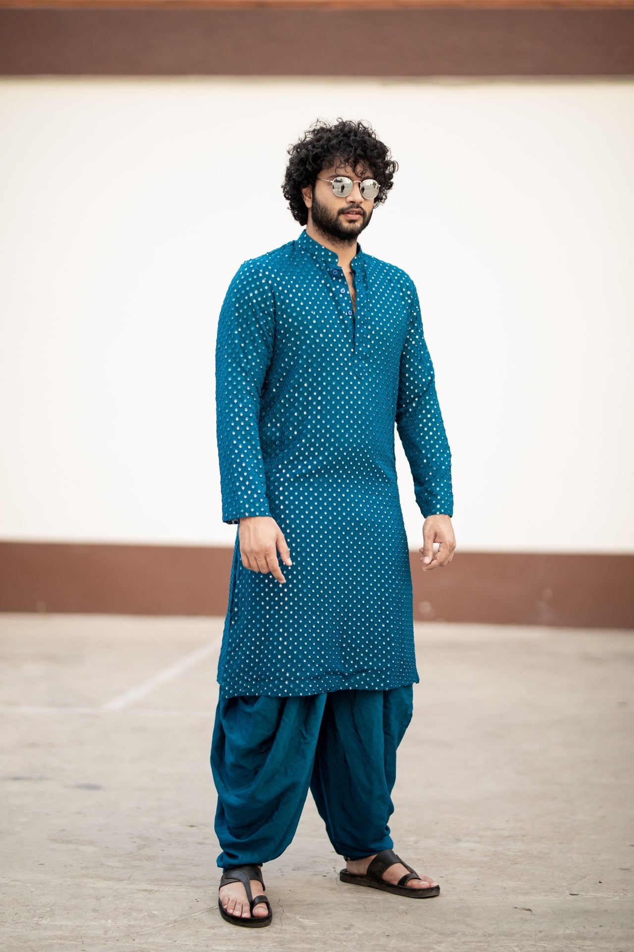 Teal Blue Mirror Designer Men's Kurta by Hilo Designs - Distacart