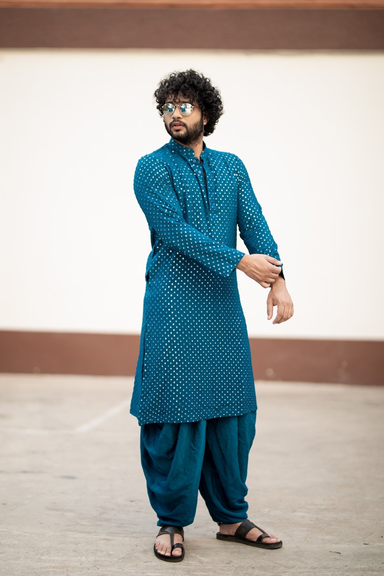 Teal Blue Mirror Designer Men's Kurta by Hilo Designs - Distacart