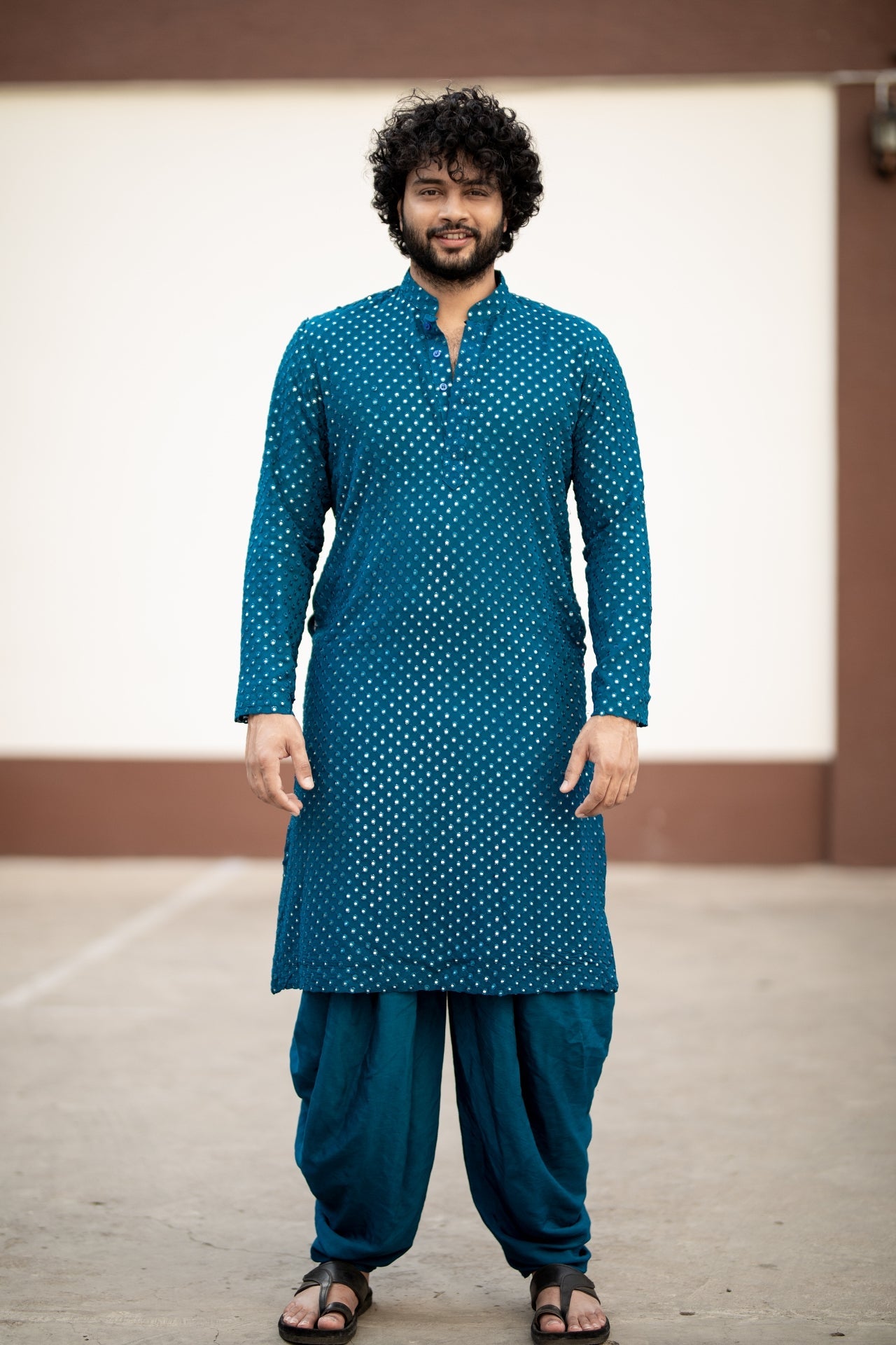 Teal Blue Mirror Designer Men's Kurta by Hilo Designs - Distacart