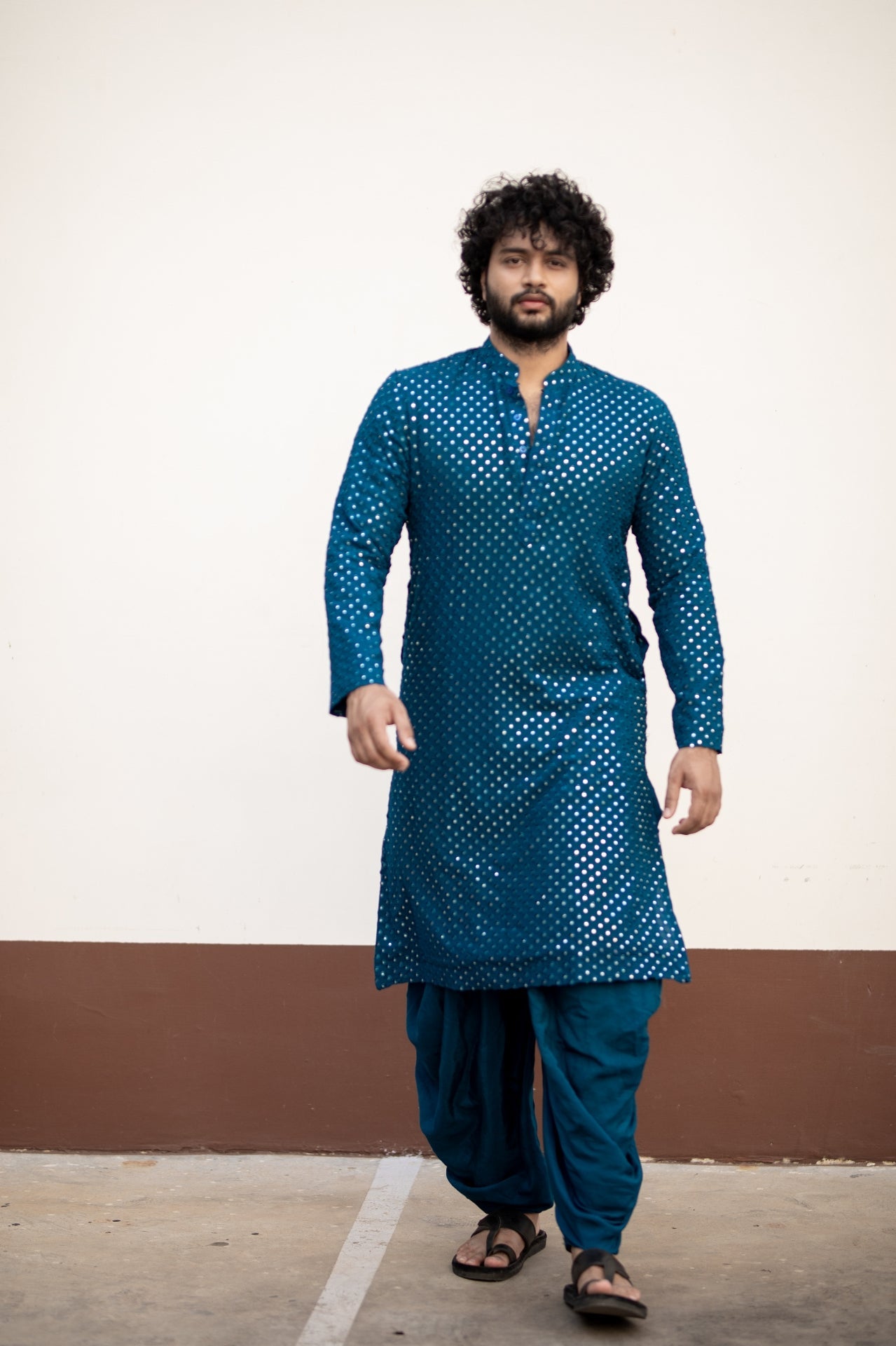 Teal Blue Mirror Designer Men's Kurta by Hilo Designs - Distacart