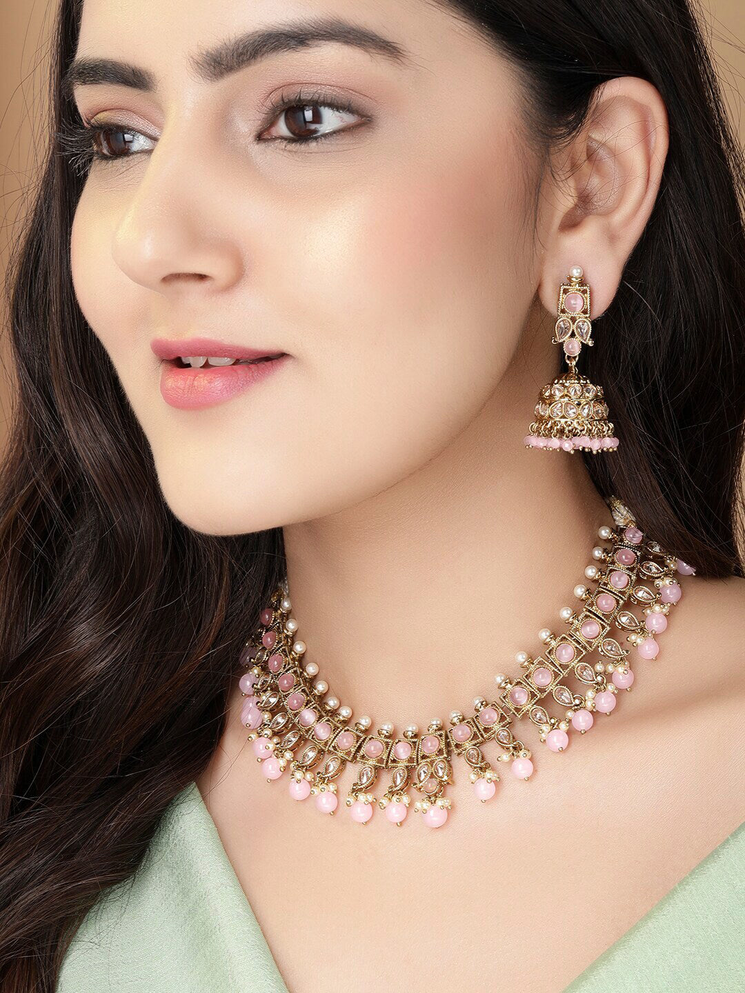 Buy Rubans Gold-Plated Pink & White Stone-Studded Beaded