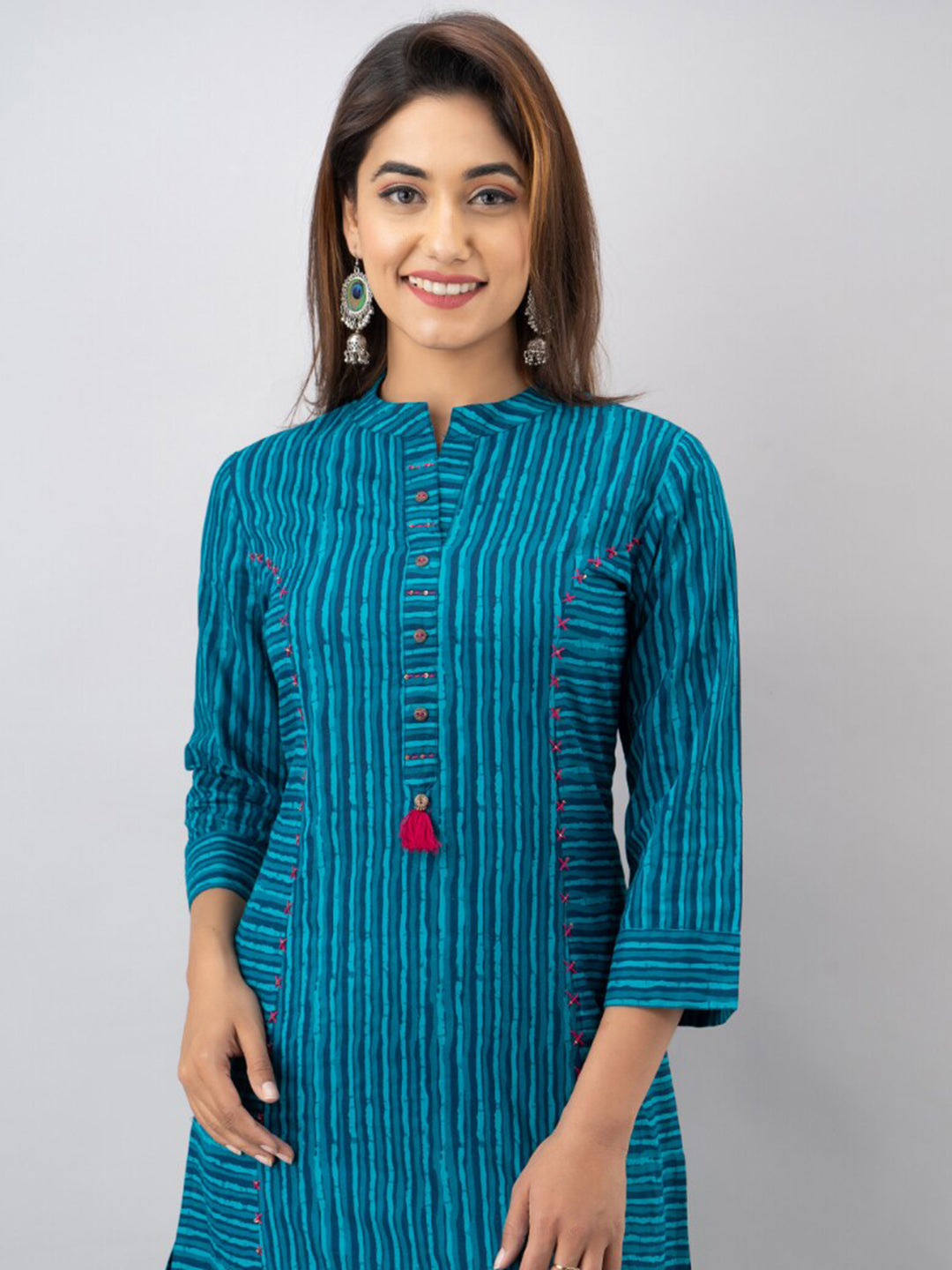 Kalini Women Turquoise Blue & Pink Striped Cotton A-line Kurta - Distacart