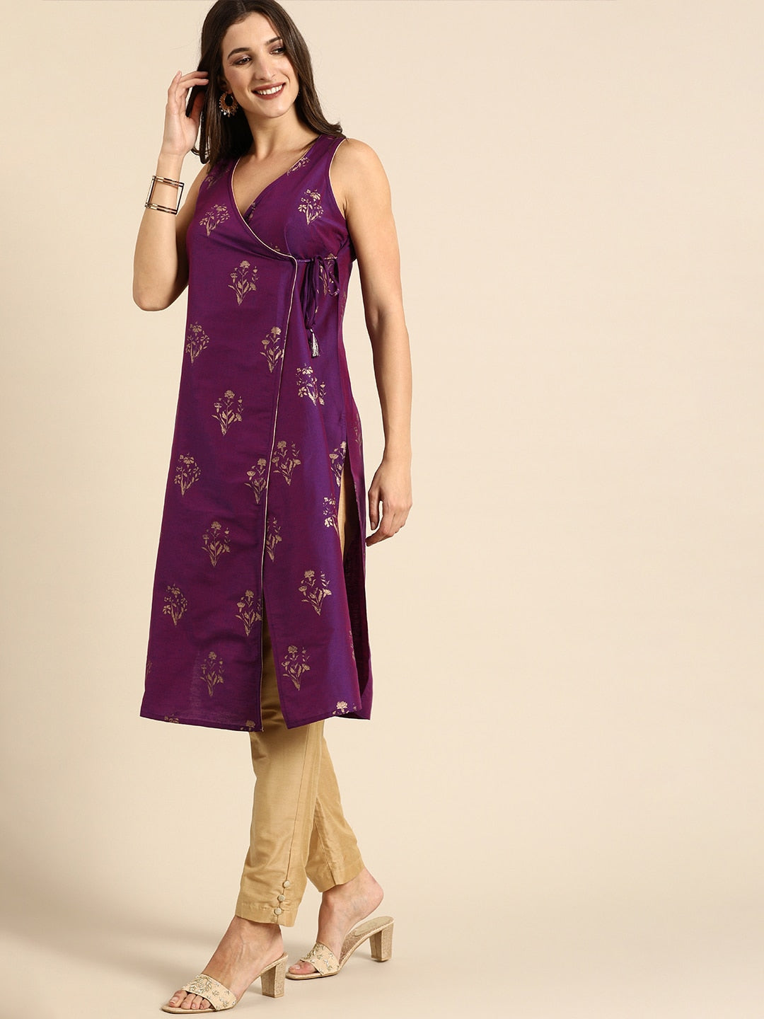 All About You Women Purple Ethnic Motifs Foil Printed Angrakha Kurta Set - Distacart