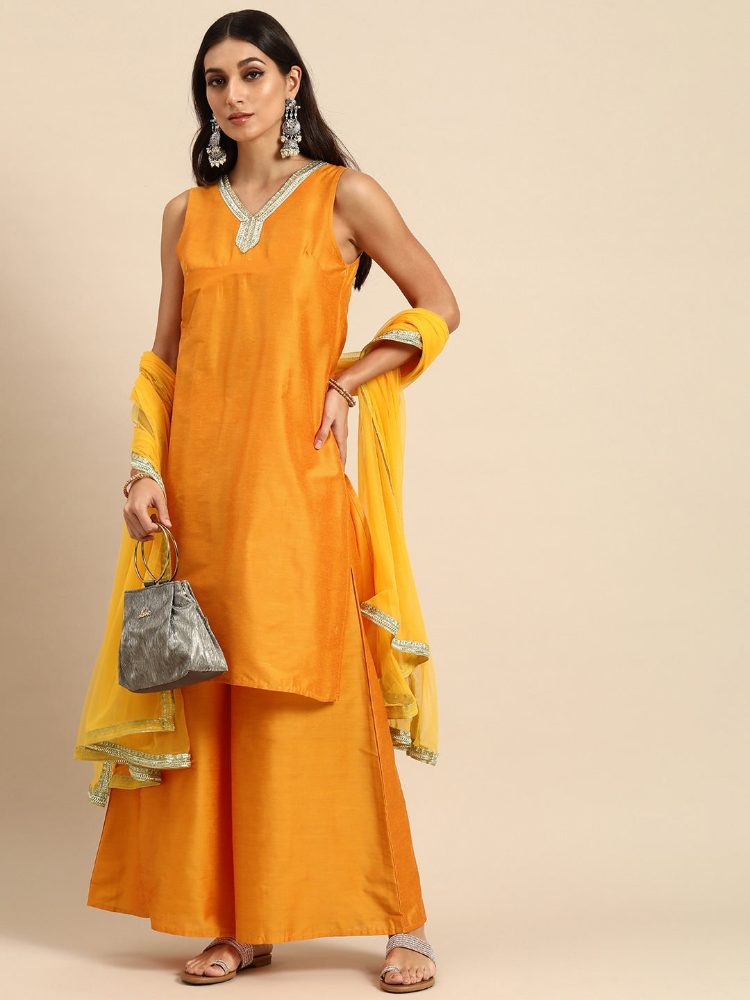 All About You Women Mustard Yellow Ethnic Motifs Embroidered Gotta Patti Kurta with Palazzos & With Dupatta - Distacart