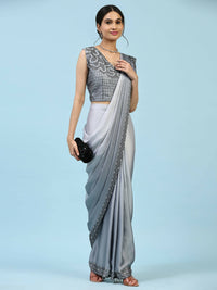 Thumbnail for Grey Ombre Satin Georgette Plain Ready to wear Saree with stitched Blouse - Vrinda - Distacart