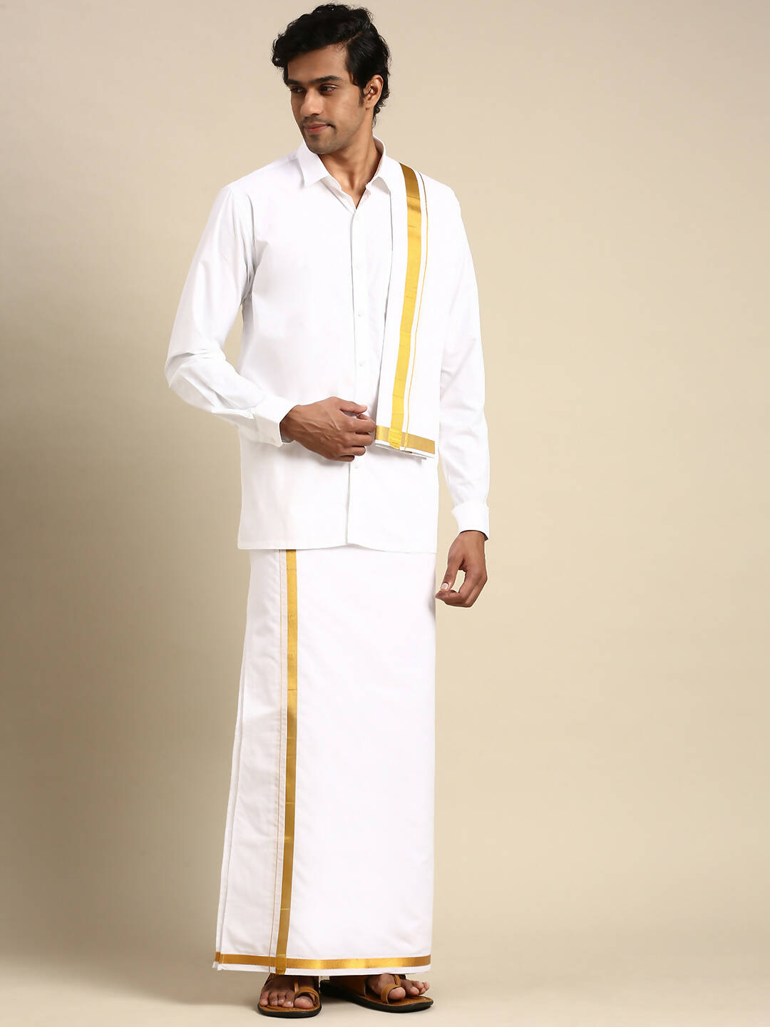 Ramraj Cotton Mens Wedding White Regular Dhoti, Shirt & Towel Set Subhakalyan 1" - Distacart