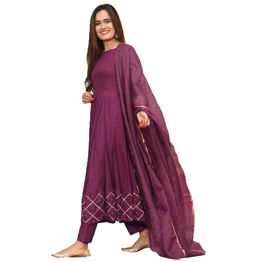 Malishka Women's Cotton Blend Kurta and Dupatta Set - Wine - Distacart