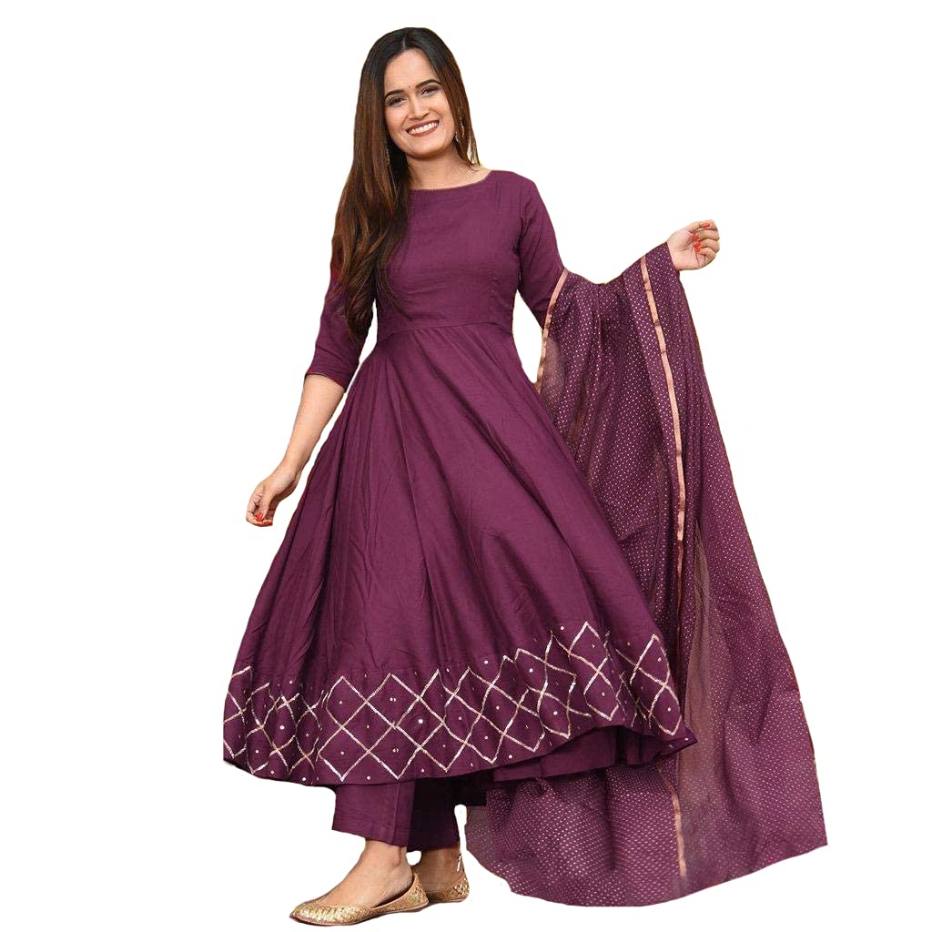 Malishka Women's Cotton Blend Kurta and Dupatta Set - Wine - Distacart