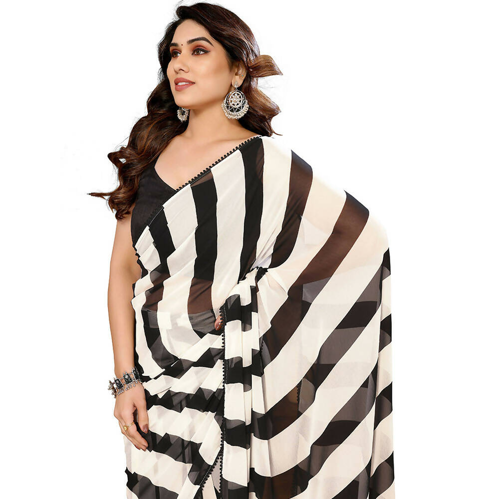 Women's Partywear Designer Black&White Georgette Fancy Saree - Satrangi - Distacart