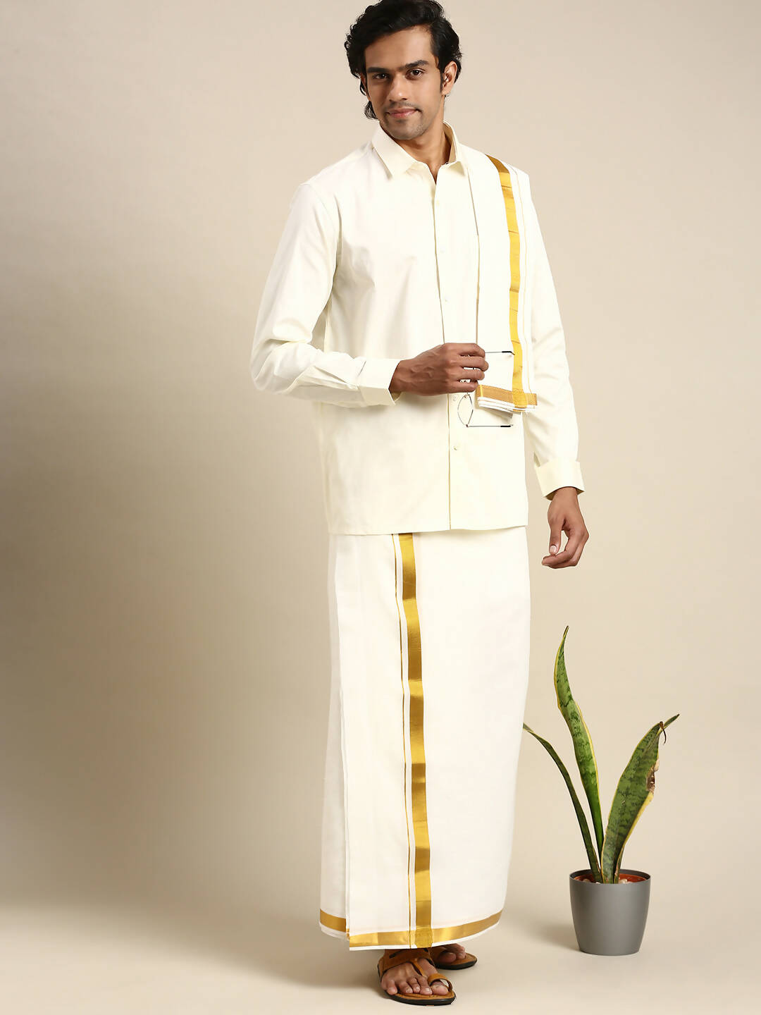 Ramraj Cotton Mens Wedding Cream Regular Dhoti, Shirt & Towel Set Subhakalyan 1/2" - Distacart