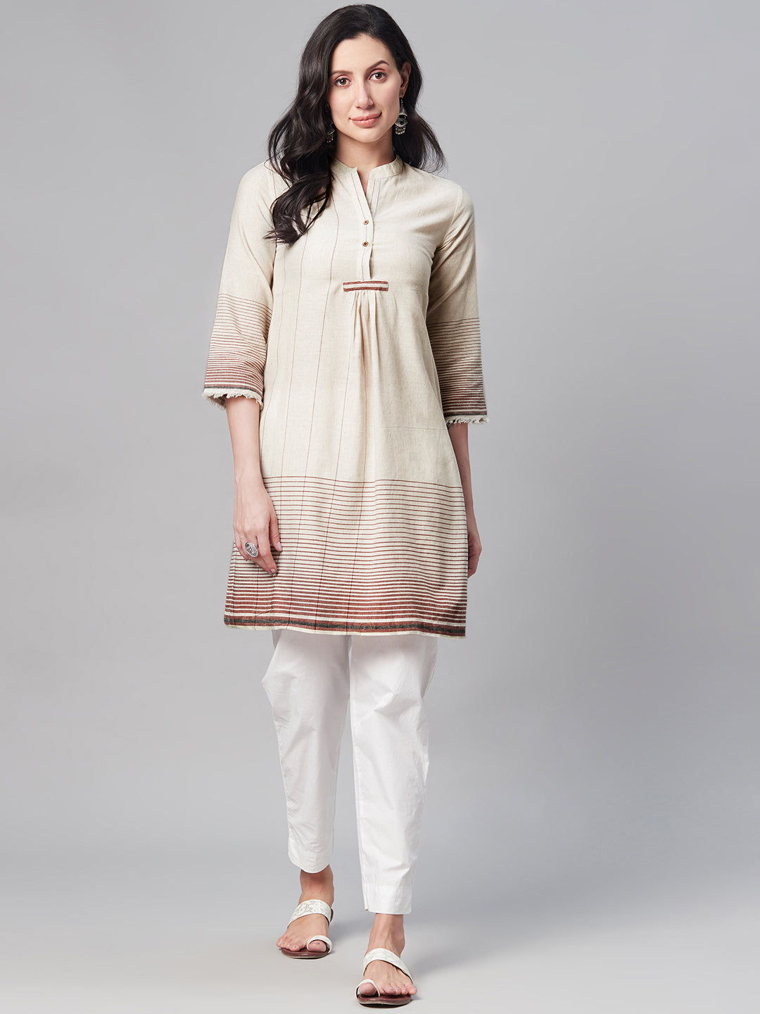 Buy Biba Women Off White & Brown Pure Cotton Striped Kurta Online at Best  Price