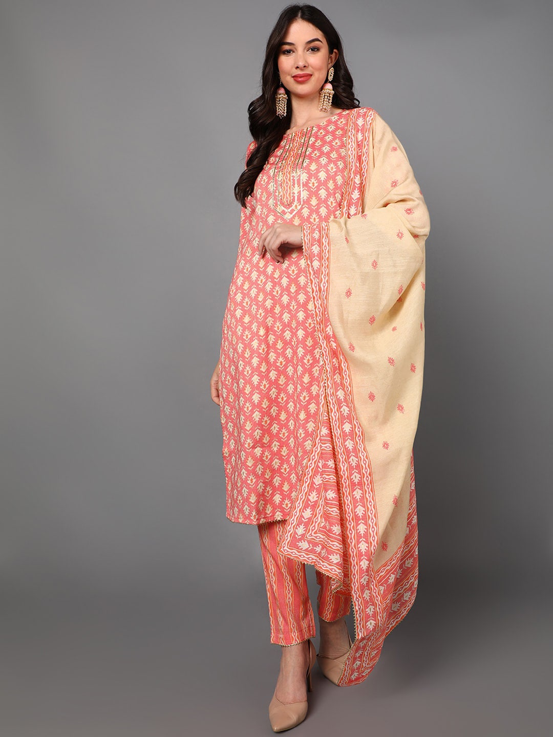 Ahika Women Pink Printed Pure Cotton Kurti with Trousers & With Dupatta - Distacart