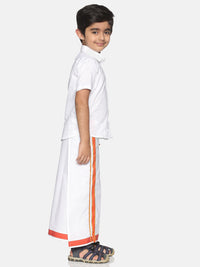 Thumbnail for Sethukrishna Boys White Pure Cotton Solid Shirt and Veshti Set - Distacart