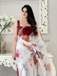Thumbnail for Anouk White & Maroon Floral Printed Organza Saree - Distacart