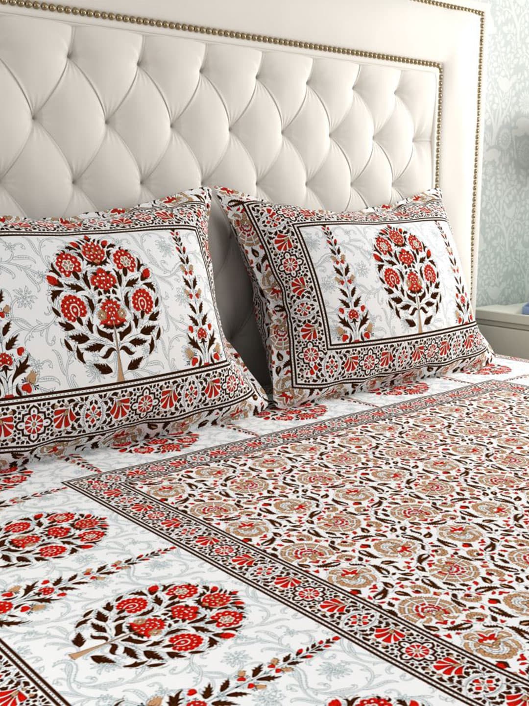 LA VERNE White & Maroon Ethnic Motifs 140 TC Cotton King Bedsheet With 2 Pillow Covers - Distacart