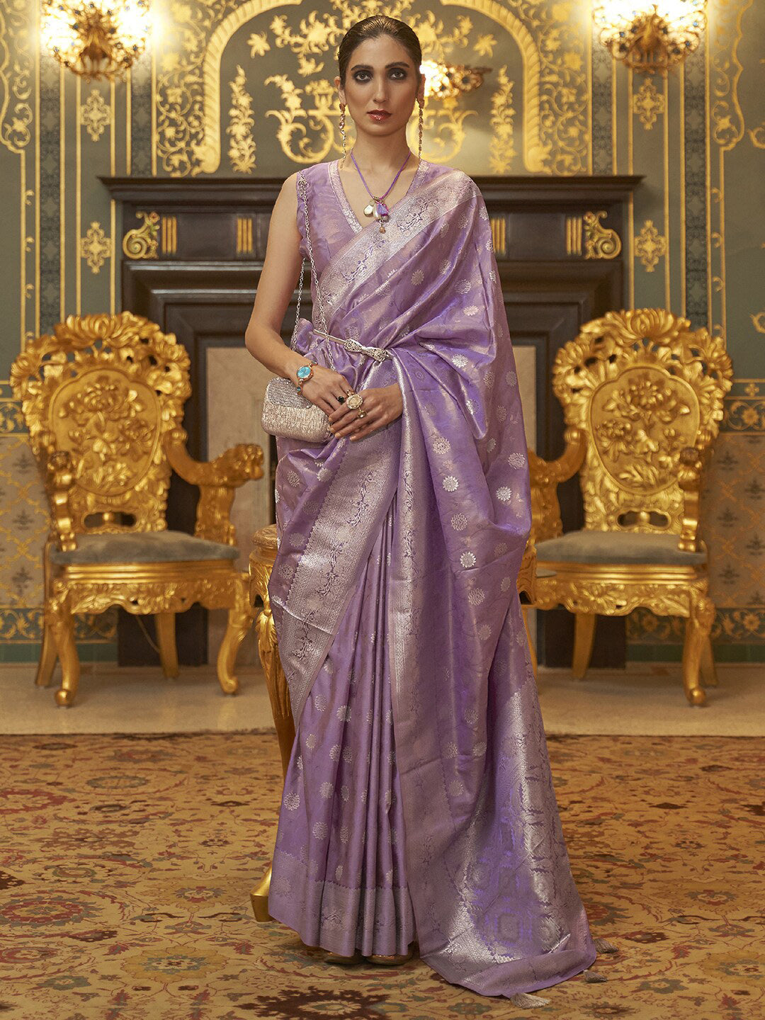 Lowest Price Lavender Purple Banarasi Silk Woven Zari Saree|SARV145179