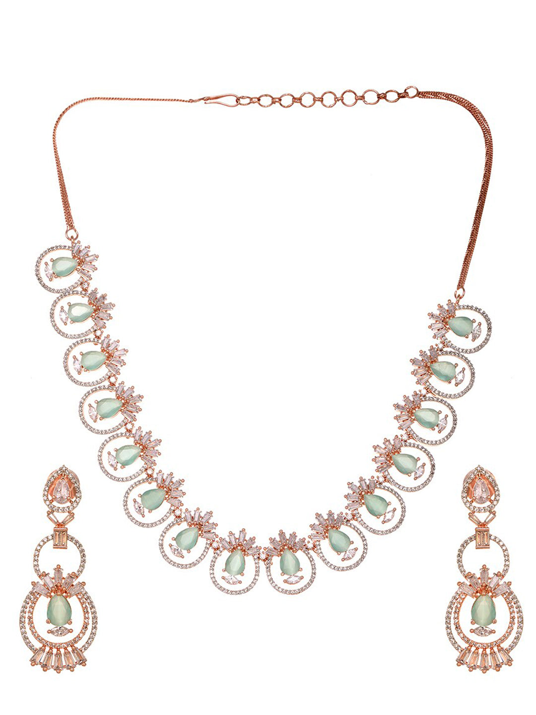 Saraf RS Jewellery Rose Gold-Plated & Sea Green American Diamond Studded Jewellery Set - Distacart