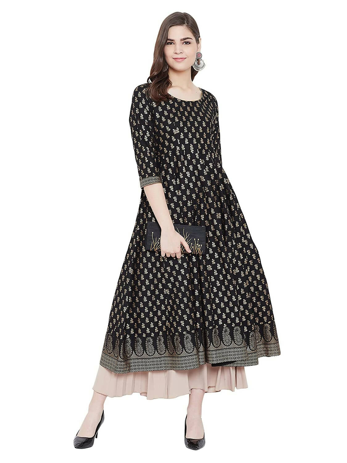 Cheera Embellished Daily Wear Cotton Blend Kurta - Black - Distacart