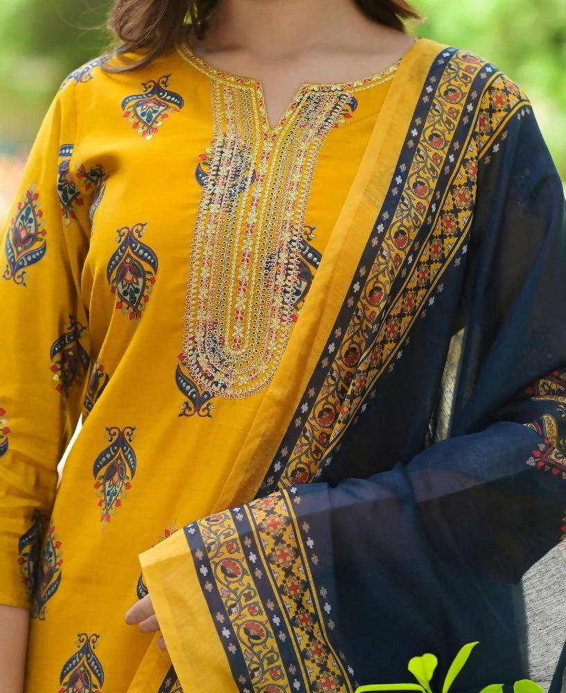 Yufta Women Mustard Yellow & Navy Blue Printed Kurta with Trouser and Dupatta