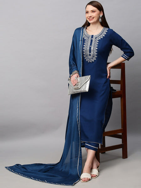 Kalini Women Navy Blue Ethnic Motifs Embroidered Thread Work Kurta with Trouser & Dupatta - Distacart