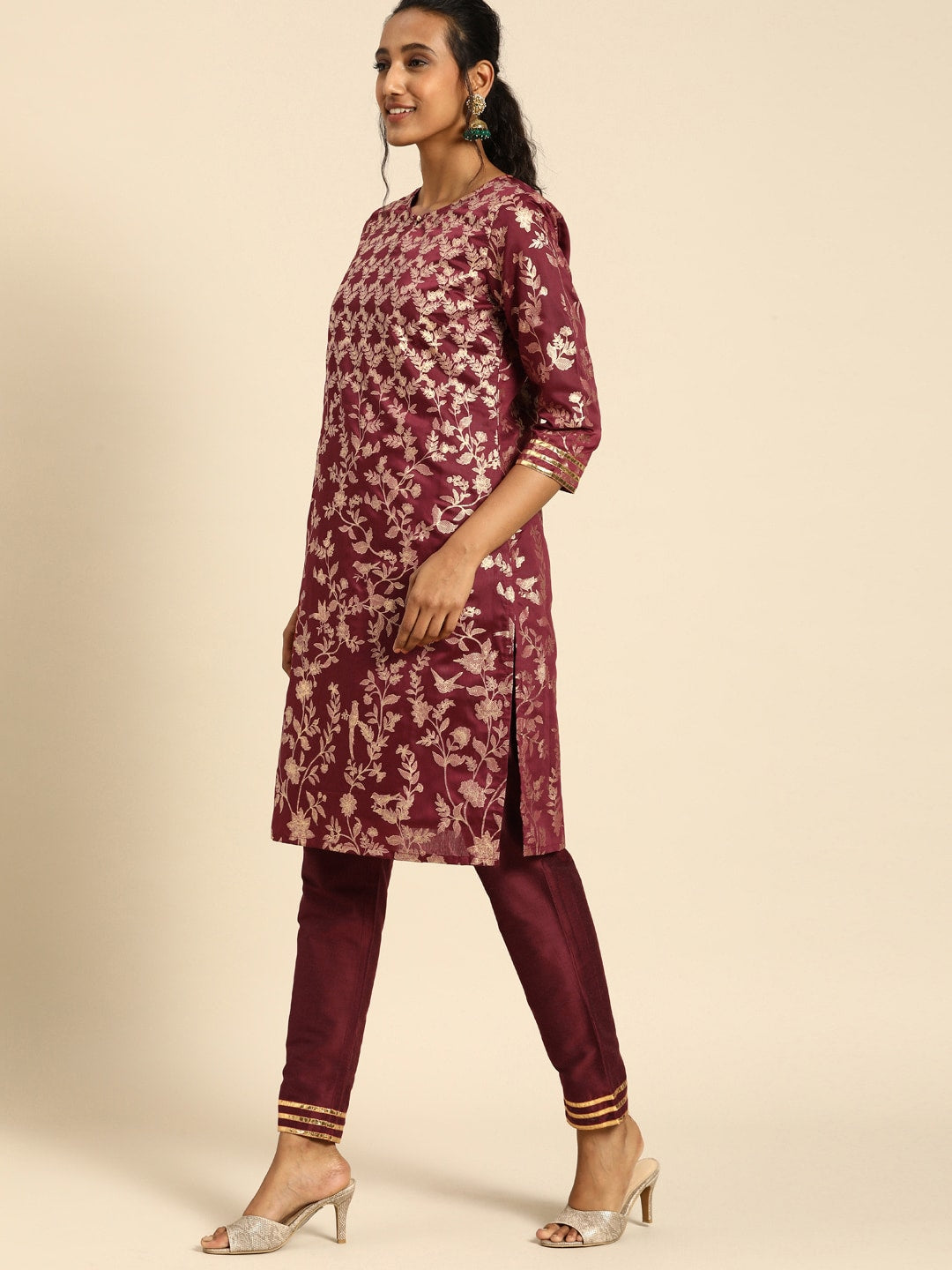 All About You Women Purple & Gold-Toned Ethnic Motifs Printed Regular Kurta with Trousers - Distacart