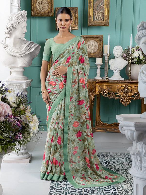 Sangria Pink & Green Floral Pure Georgette Saree - Absolutely Desi