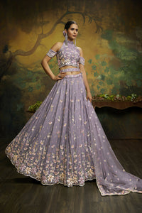 Thumbnail for House of Panchhi Mauve Pure Georgette Sequins with heavy Zarkan embroidery Lehenga choli & Dupatta - Distacart