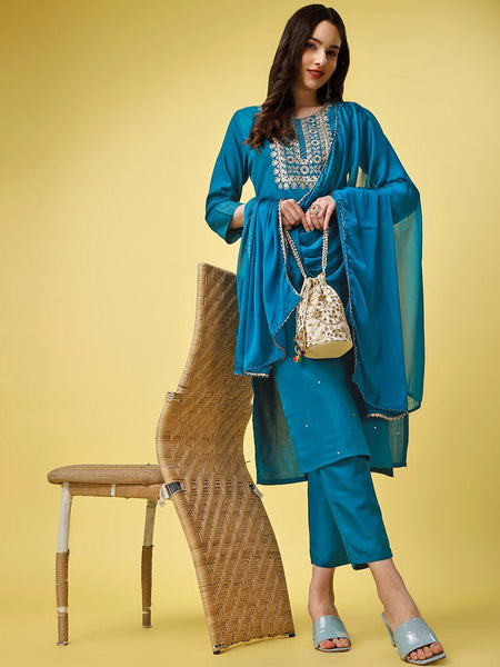 Kalini Embroidered Regular Kurta with Trousers & With Dupatta - Distacart