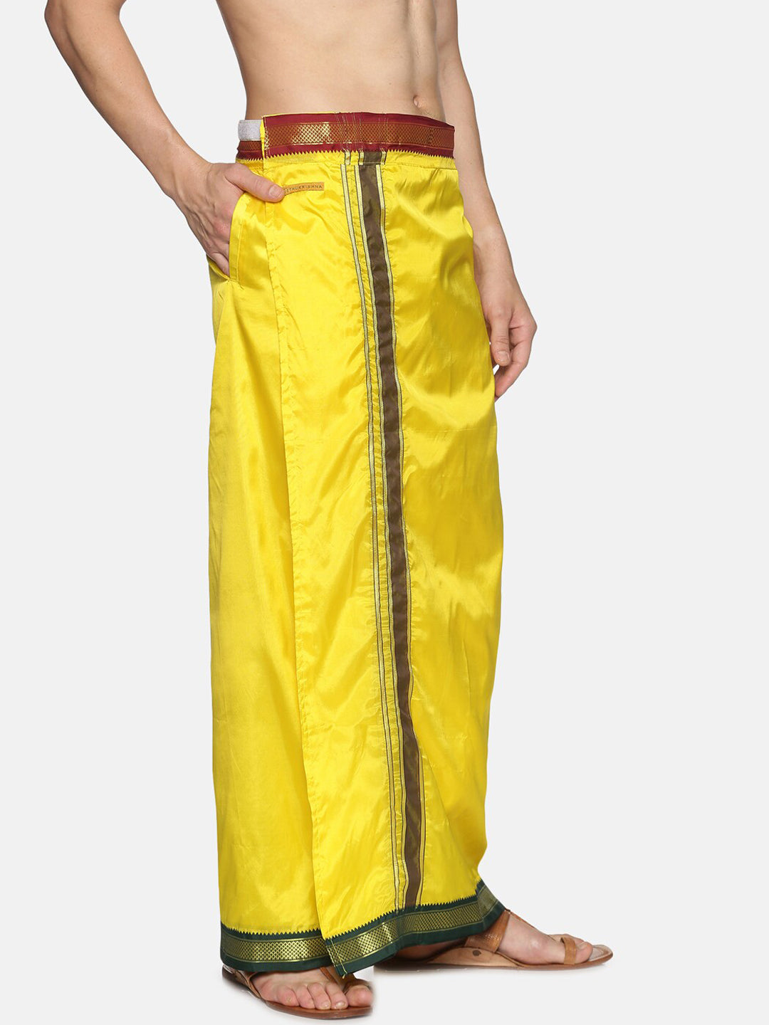 Sethukrishna Men Yellow & Green Solid Readymade Veshti Dhoti - Distacart