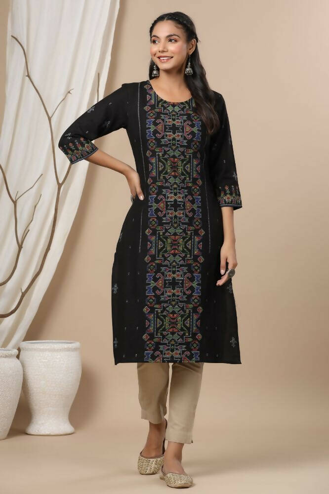 Juniper Women Black Rayon Flex Printed Straight Kurta - Distacart