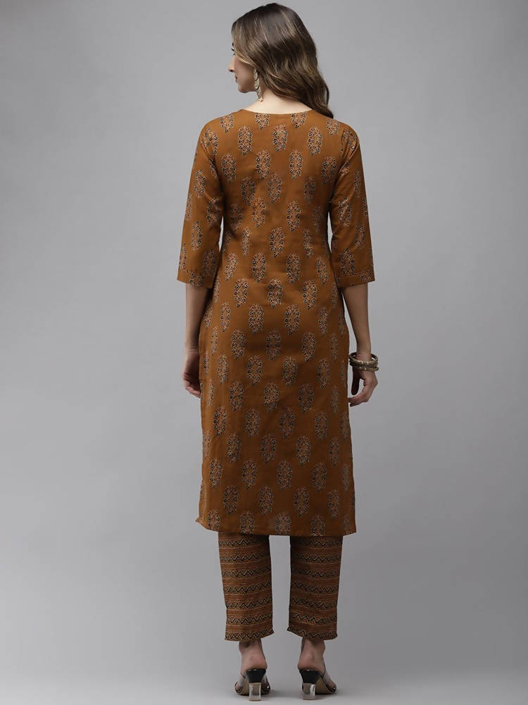 Yufta Women Mustard Brown Sequinned Pure Cotton Kurta with Trouser