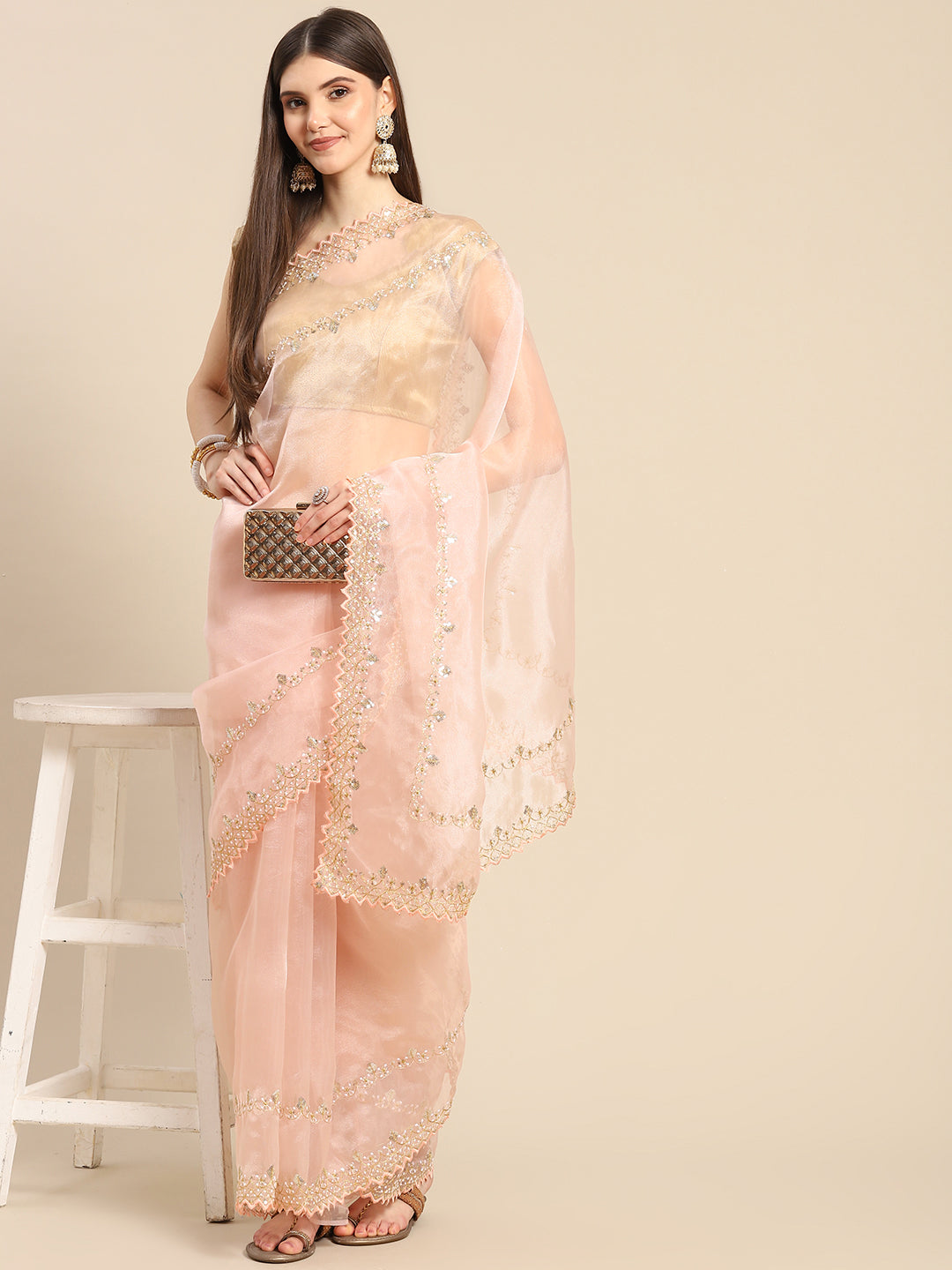 Anouk Pink Sequinned Organza Saree With Embroidered Border - Distacart