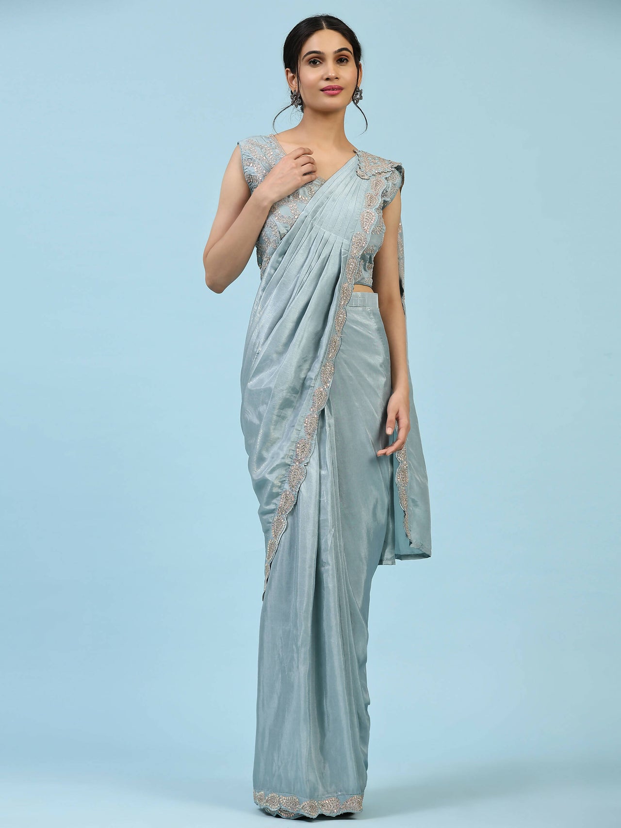 Sky Blue Silk Satin Plain Ready to wear Saree with stitched Blouse - Vrinda - Distacart