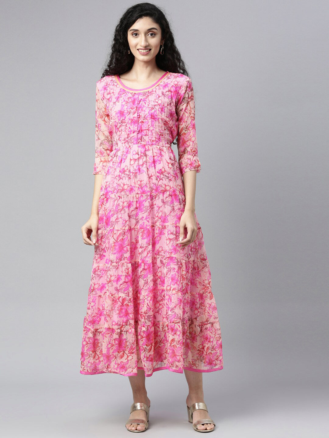 Souchii Beautiful Pink & peaches n cream Floral Layered Chiffon Midi Dress - Distacart