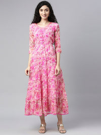 Thumbnail for Souchii Beautiful Pink & peaches n cream Floral Layered Chiffon Midi Dress - Distacart