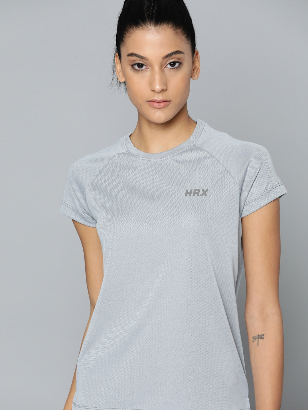 HRX by Hrithik Roshan Women Grey Brand Logo Extended Sleeves T-shirt - Distacart