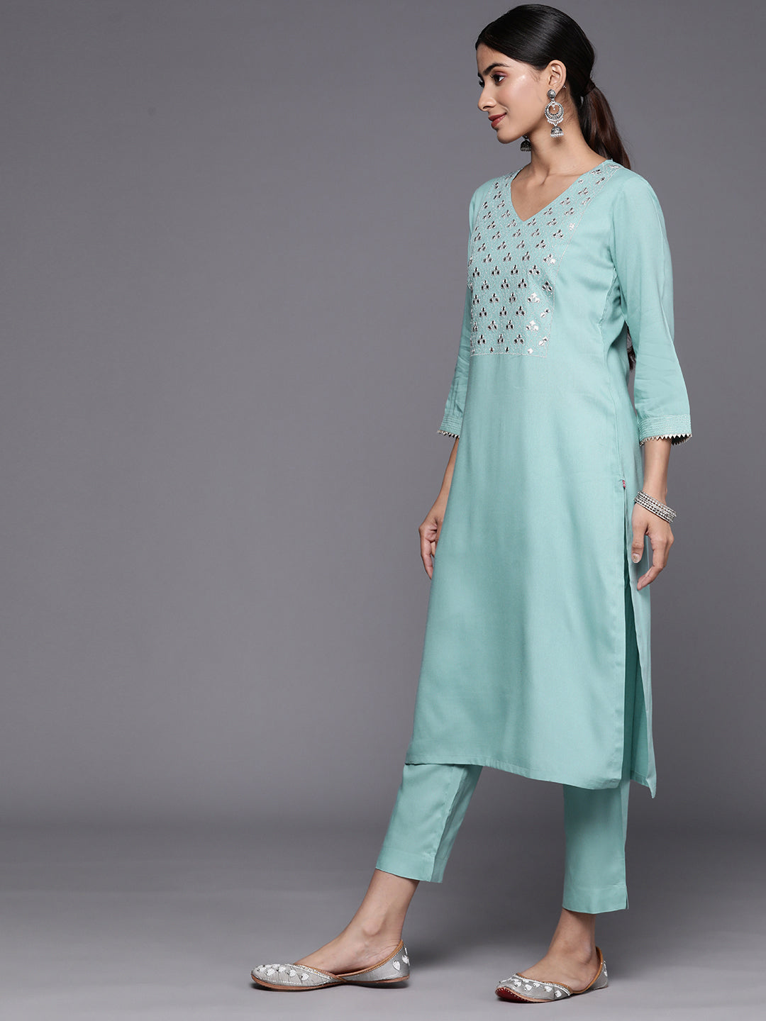 Biba Women Yoke Design Mirror Work Straight Kurta With Trousers And Dupatta