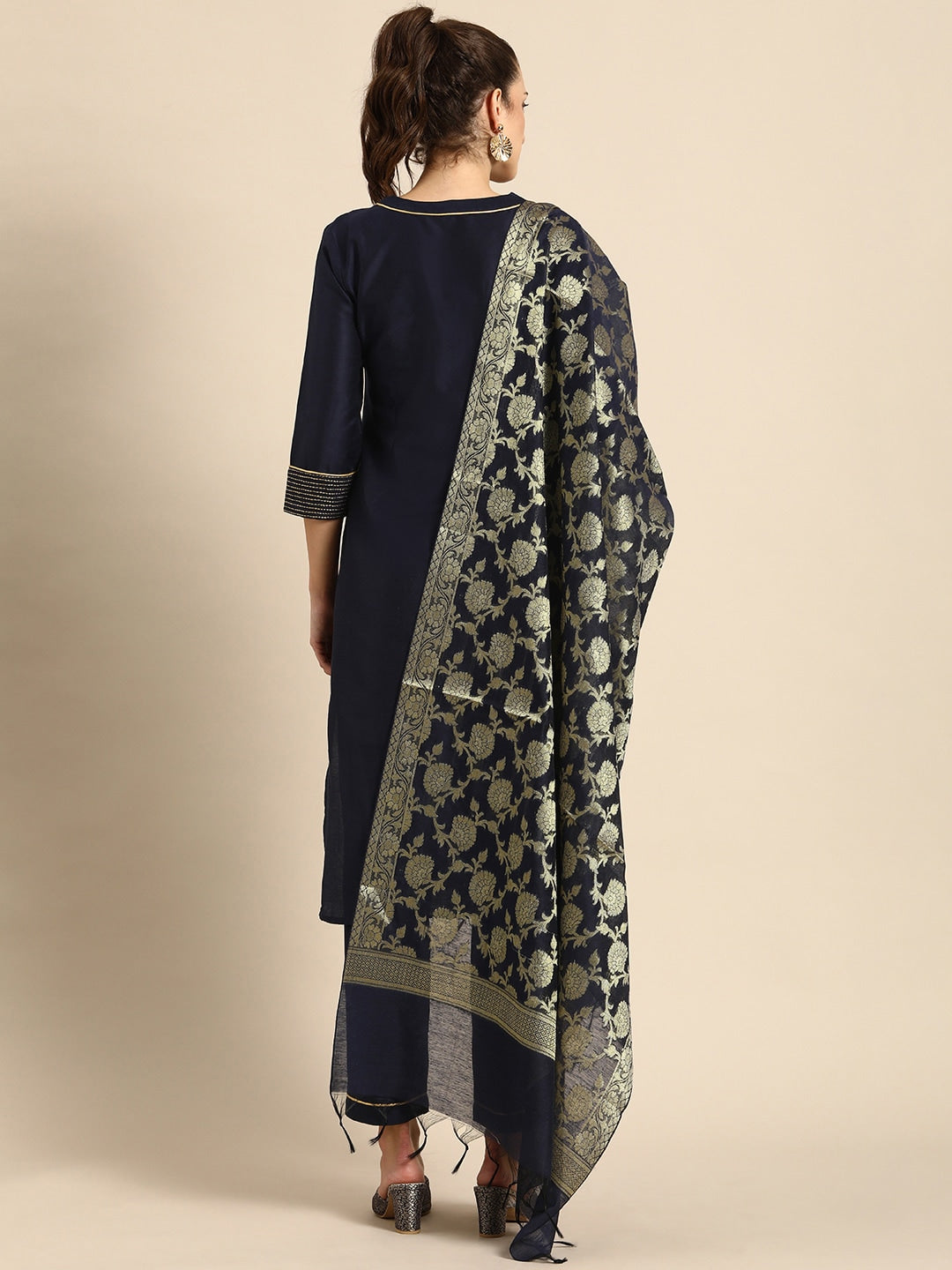 All About You Women Navy Blue Zari Detailed Regular Kurta with Trousers & Dupatta - Distacart