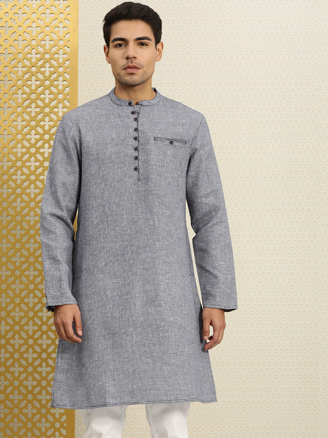 House of Pataudi Men Navy Blue & White Woven Design Straight Kurta - Distacart