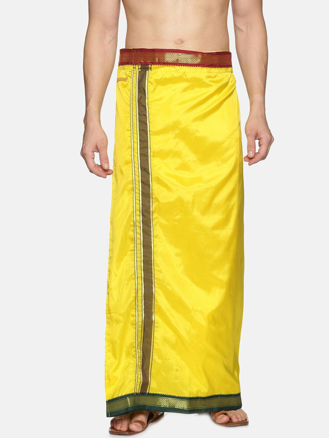 Sethukrishna Men Yellow & Green Solid Readymade Veshti Dhoti - Distacart