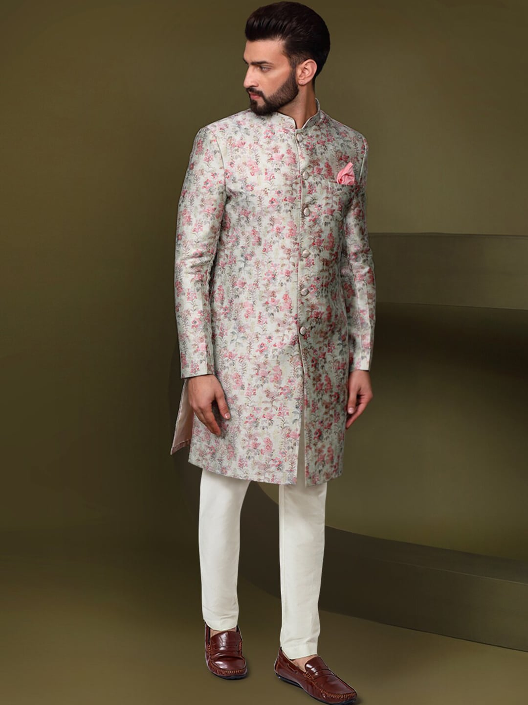 Grey Kaushik Silk Embroidered Sherwani Set with Dupatta for Men – Laromani