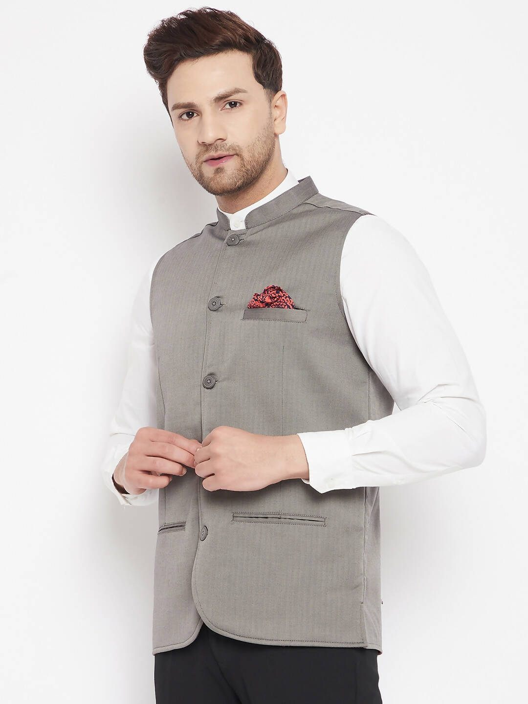 Beige linen nehru Suit Jacket with pocket square